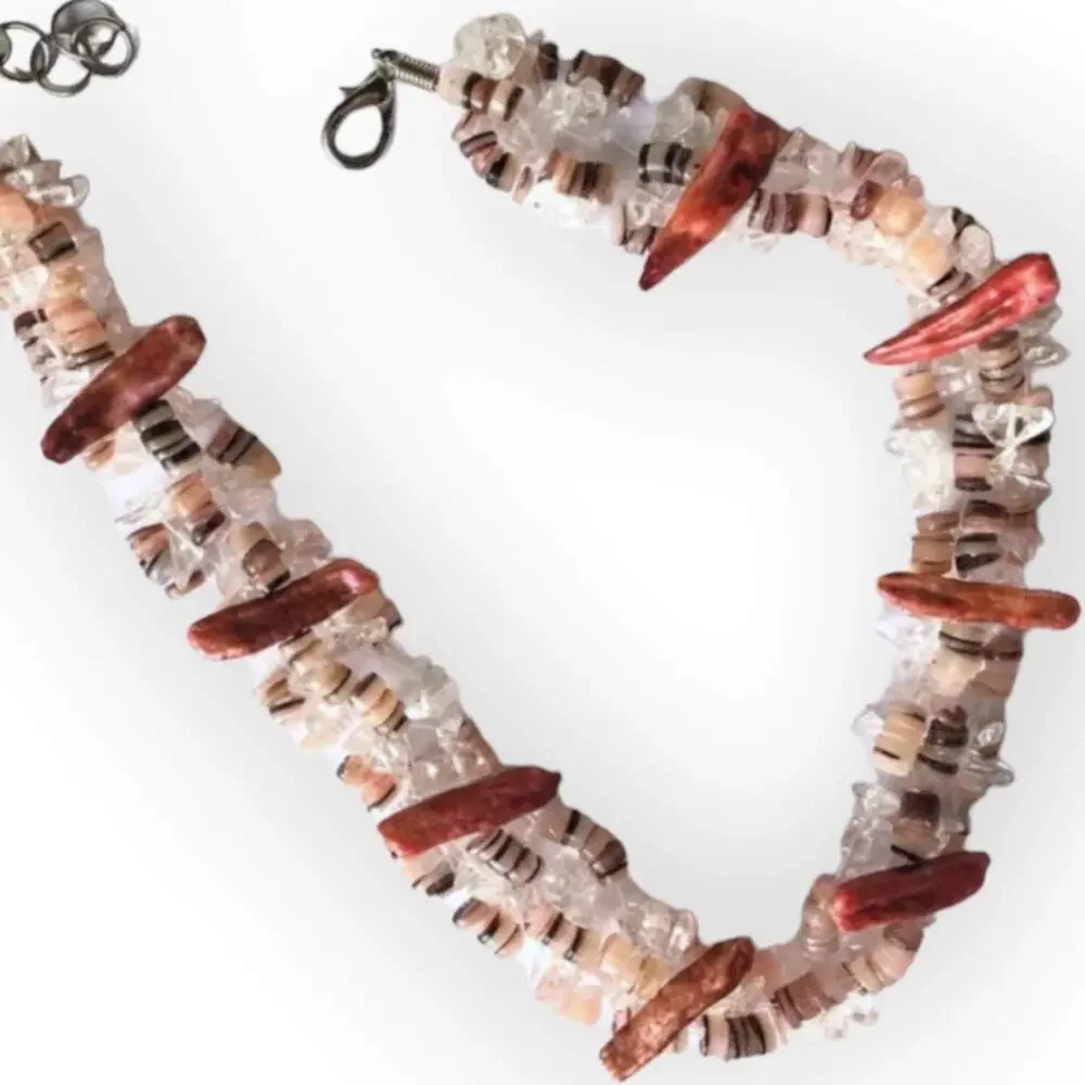 Unique natural materials pink and clear collar necklace